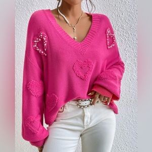 Privé Pearls Heart Detail V-neck Drop Shoulder Sweater NWOT